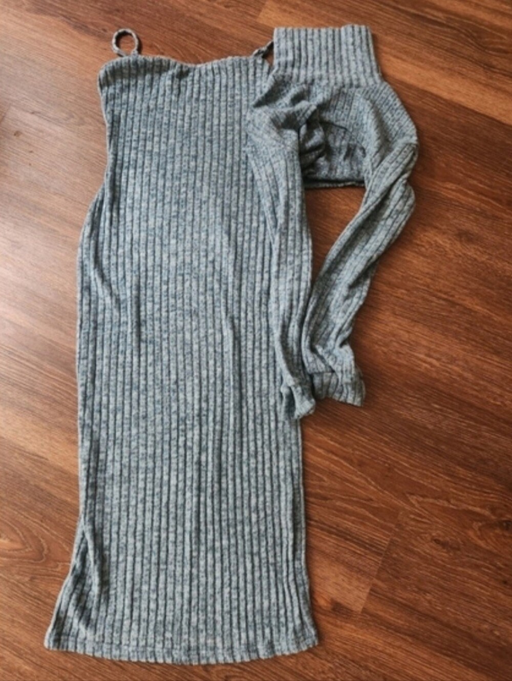 Powder Blue Ribbed Knit 2 PC Maxi Dress with Detachable Turtleneck Bolero - Picture 5 of 6